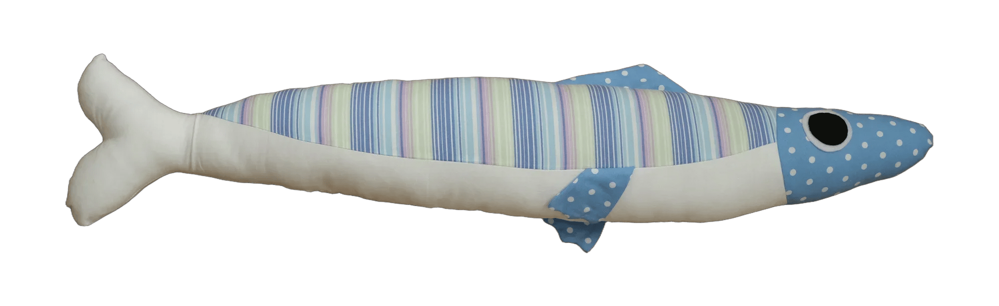 Handmade Big Sardine plush in cream and pastel stripes with a blue dotted head.