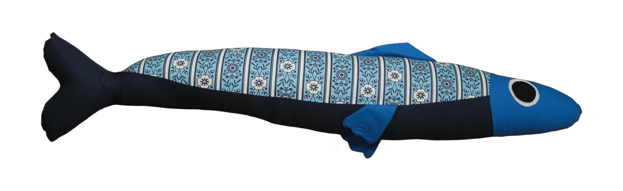 Handmade Big Sardine plush in dark blue and geometric print with a bright blue head.