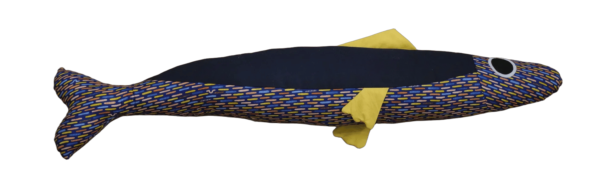 Handmade Big Sardine plush in dark panels and multicoloured geometric print with a yellow fin.