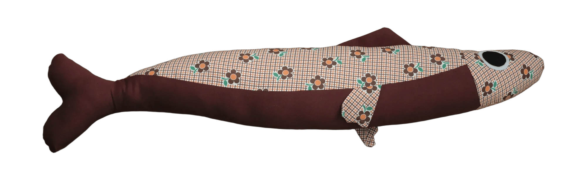Handmade Big Sardine plush in burgundy and floral checks with a patterned head.