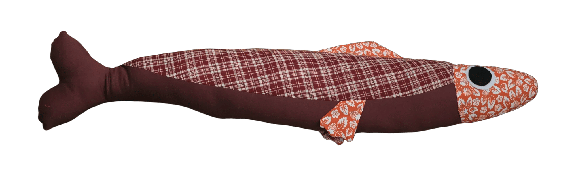 Handmade Big Sardine plush in burgundy and red checks with a strawberry print head.