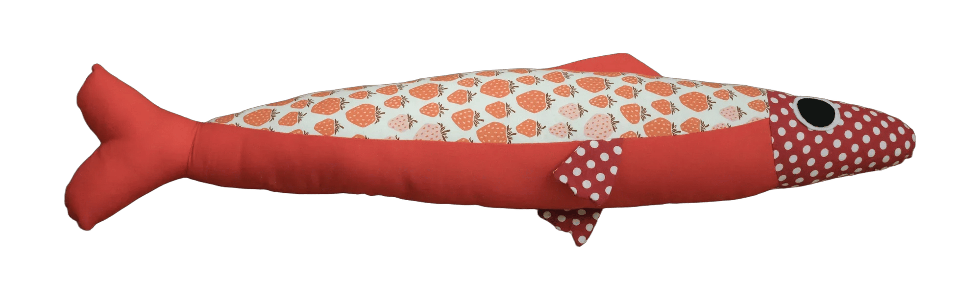 Handmade Big Sardine plush in red and strawberry print with a polka dot head.