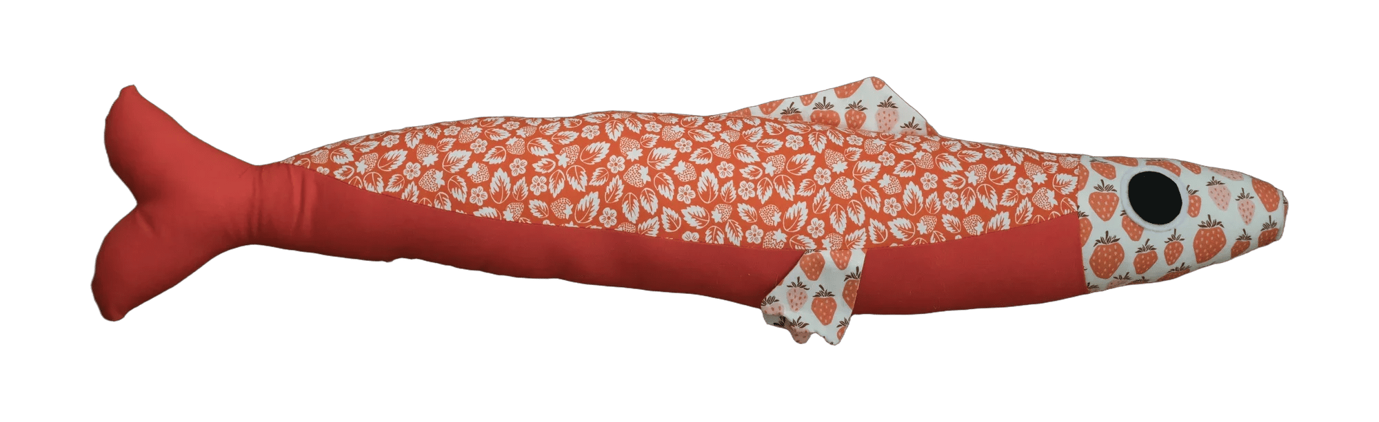 Handmade Big Sardine plush in red and floral print with a strawberry print head.