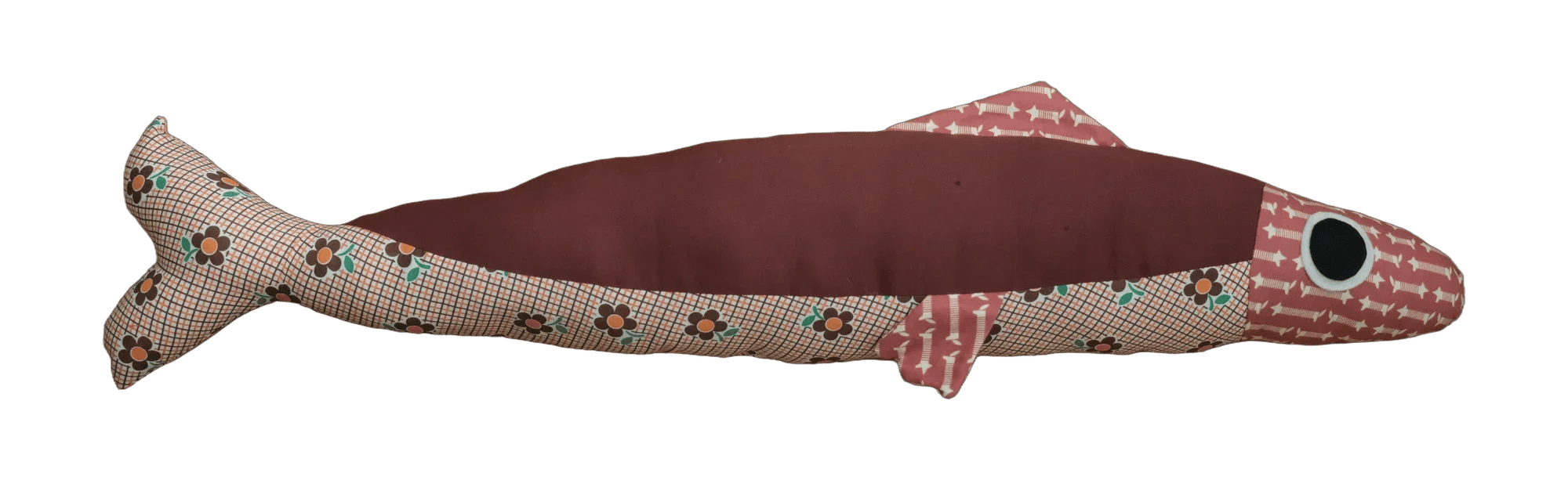 Handmade Big Sardine plush in floral checks and burgundy with a gingham head.