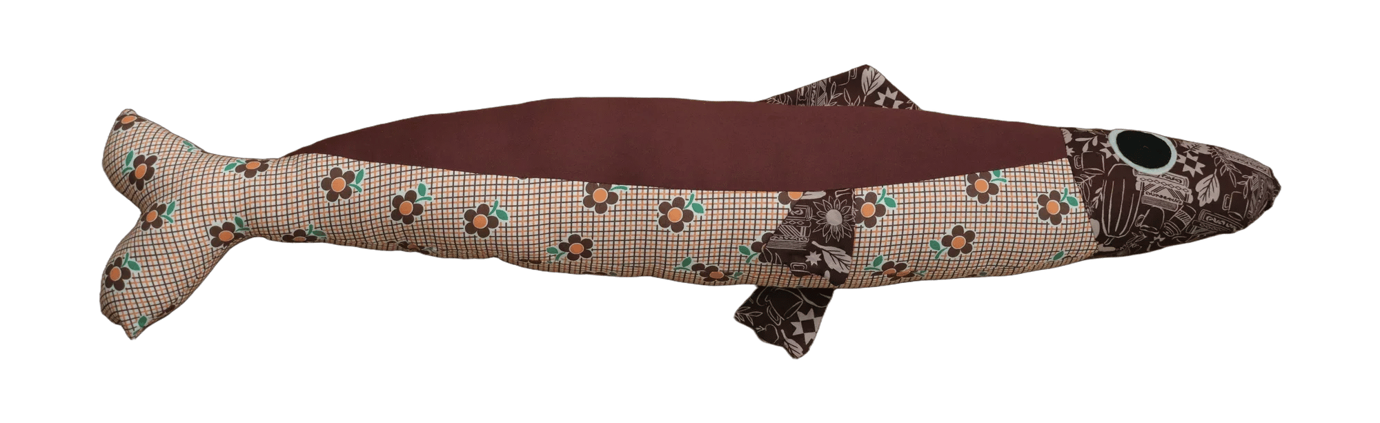 Handmade Big Sardine plush in floral checks and brown with a gingham head.