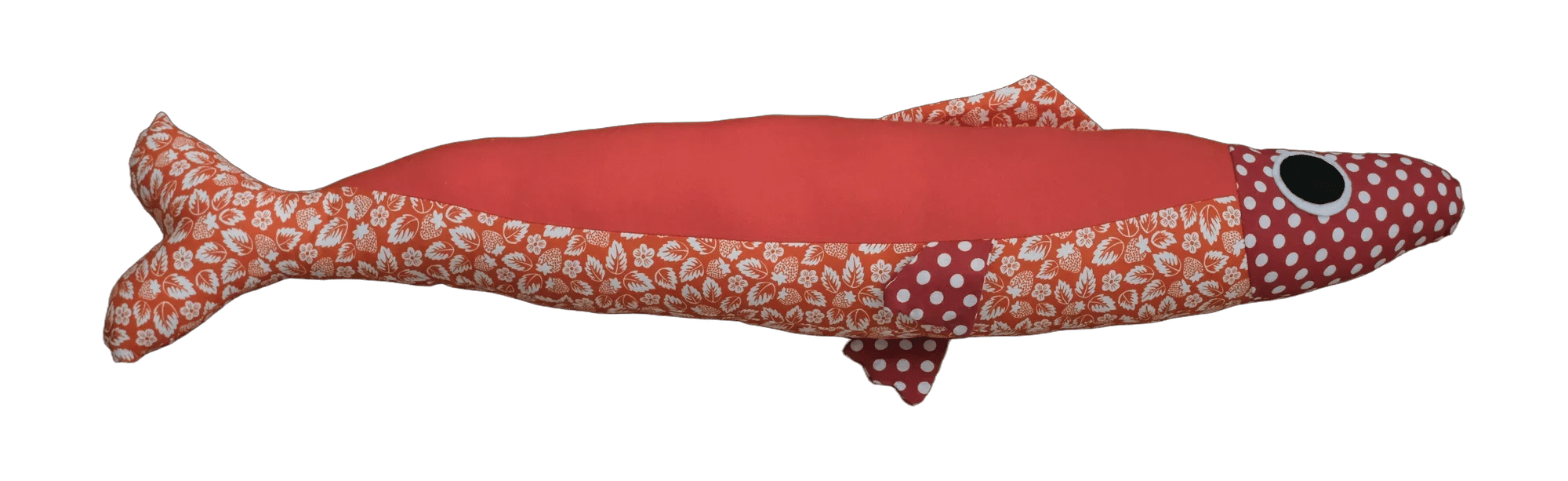 Handmade Big Sardine plush in red and floral print with a polka dot head.