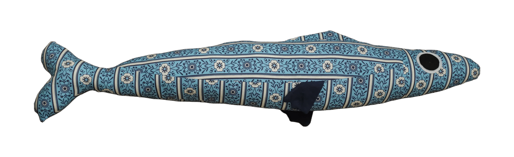 Handmade Big Sardine plush in blue geometric print with a dark fin.