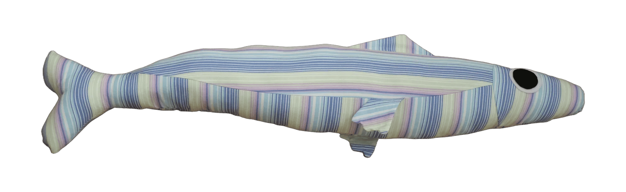 Handmade Big Sardine plush in pastel stripes with a pale blue fin.