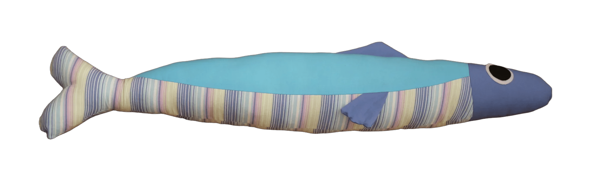 Handmade Big Sardine plush in pastel stripes and turquoise with a lilac head.