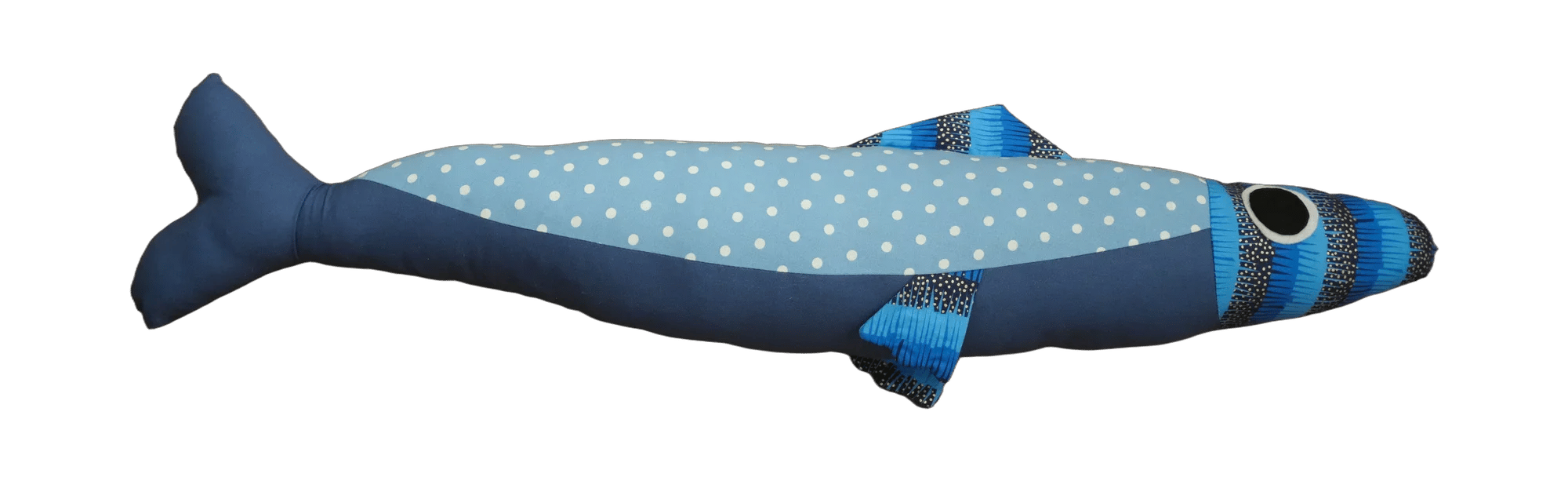 Handmade Big Sardine plush in blue polka dots with a striped head and fin.