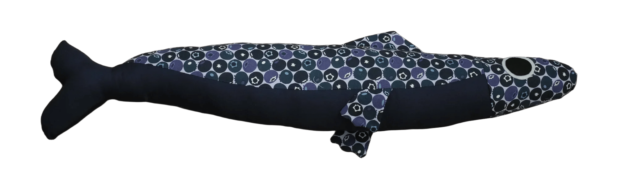 Handmade Big Sardine plush in dark blue with a small floral print.