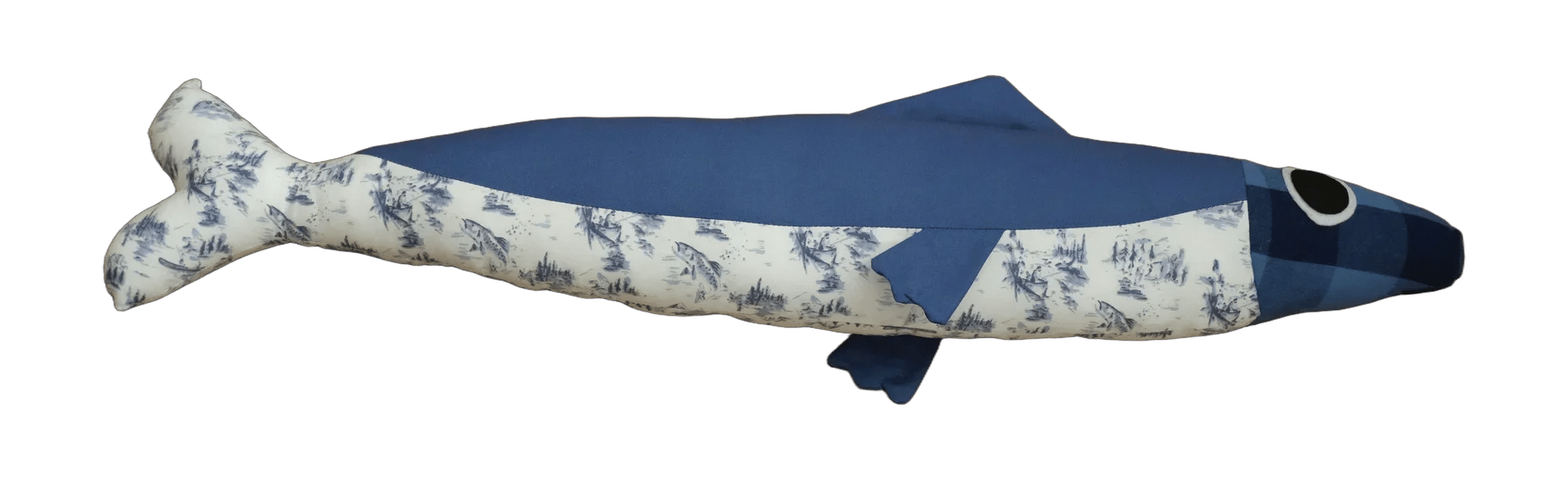Handmade Big Sardine plush in blue and white print with a navy head.