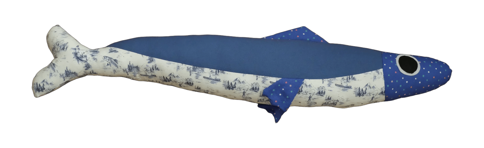 Handmade Big Sardine plush in blue and white print with a blue dotted head.