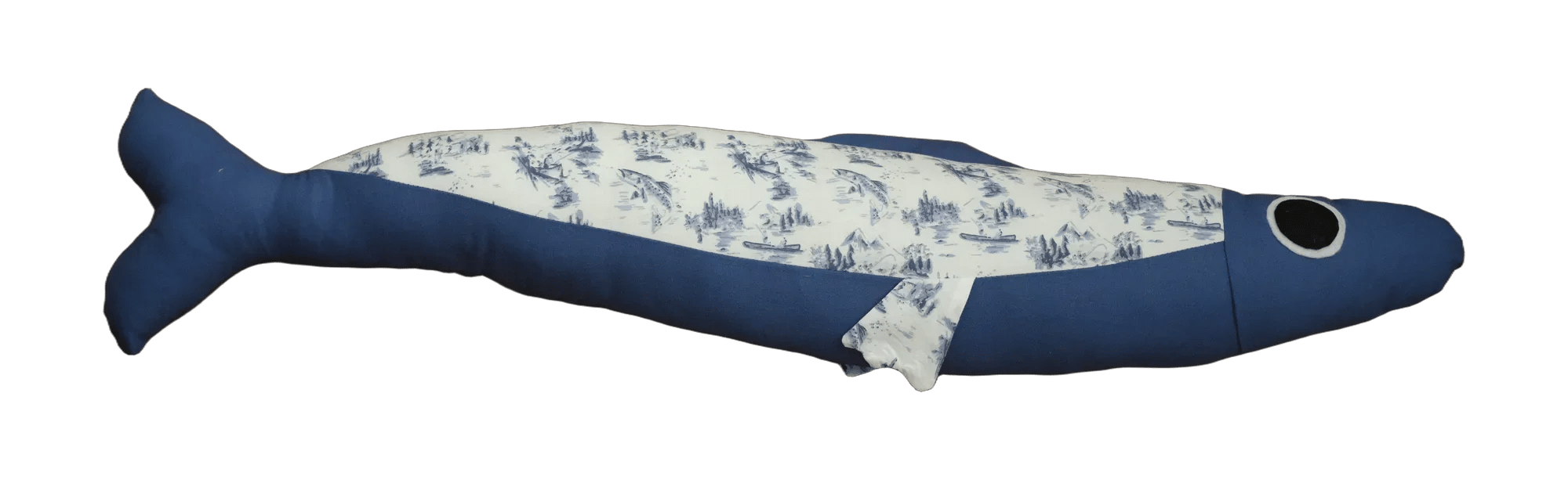 Handmade Big Sardine plush in navy and blue and white print.