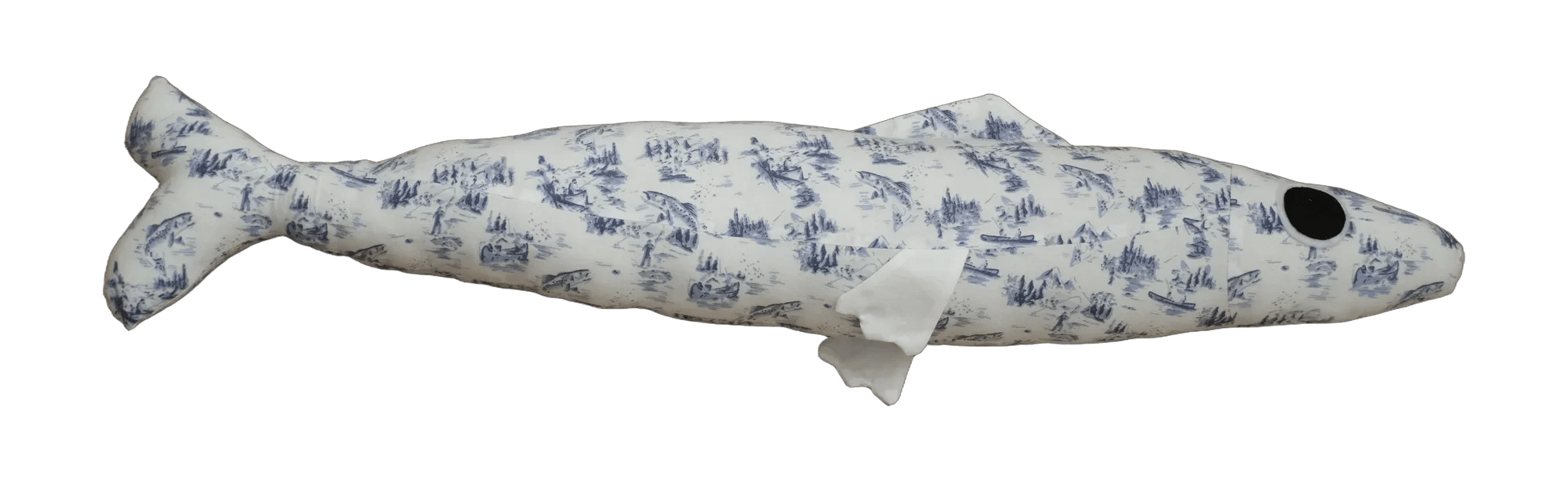 Handmade Big Sardine plush in blue and white print with a pale fin.