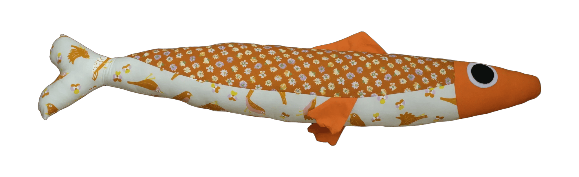 Handmade Big Sardine plush fish with an orange head and fins, an orange floral back, and a cream belly printed with small birds and flowers.