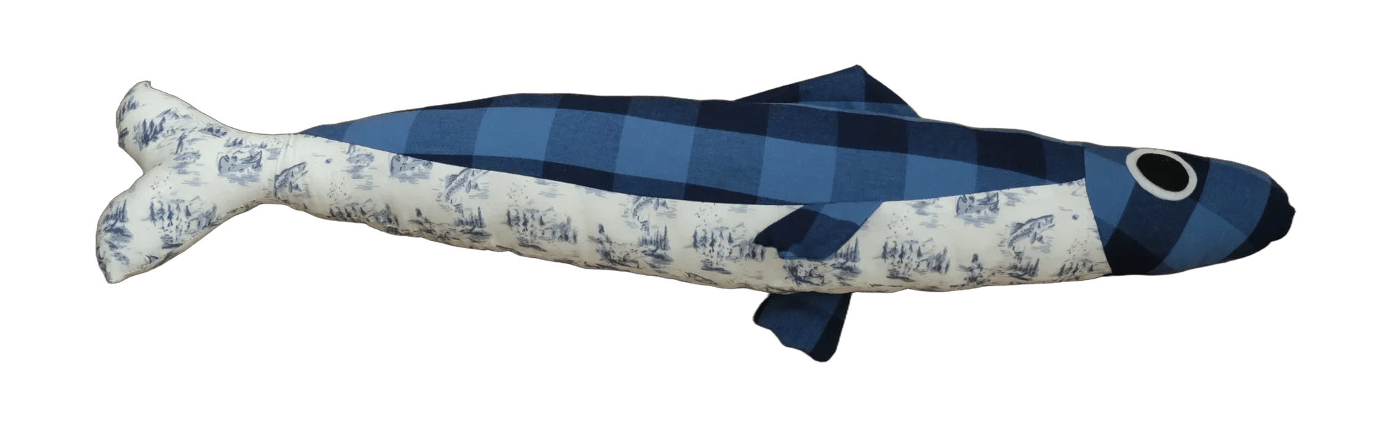 Handmade Big Sardine plush fish with a navy gingham back and a cream belly in blue toile print.