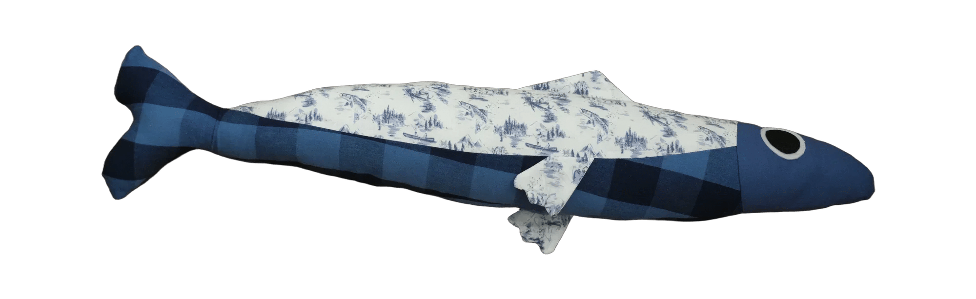 Handmade Big Sardine plush fish with a navy gingham head and tail and a cream blue-toile body.