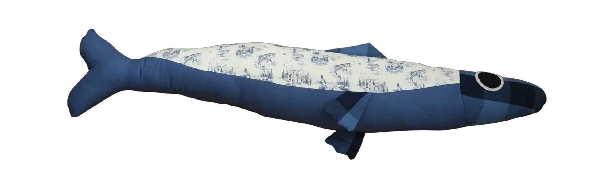 Handmade Big Sardine plush fish with a solid navy back, gingham fins and a cream blue-toile belly.