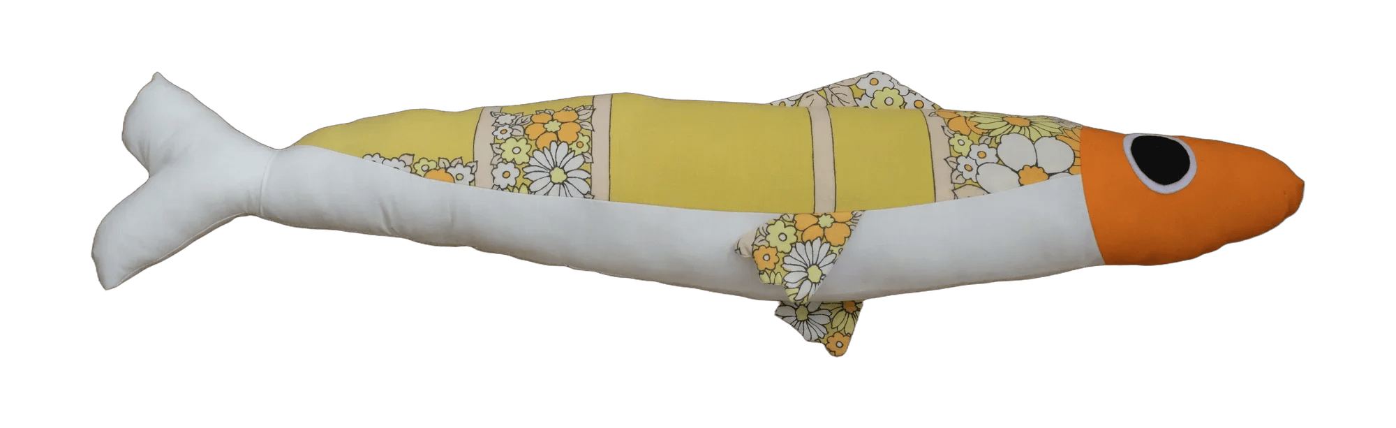 Handmade Big Sardine plush fish with an orange head, olive green back with daisy-print patches and a white belly.