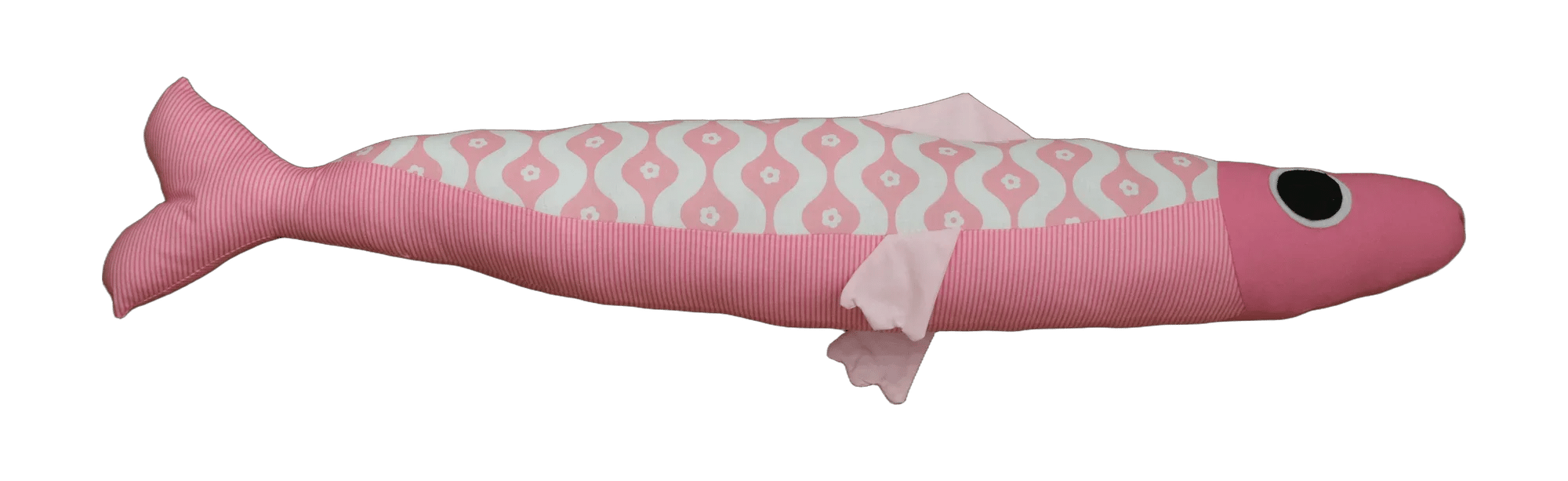 Handmade Big Sardine plush fish in pink, with a striped tail and a wavy pink and white patterned body.