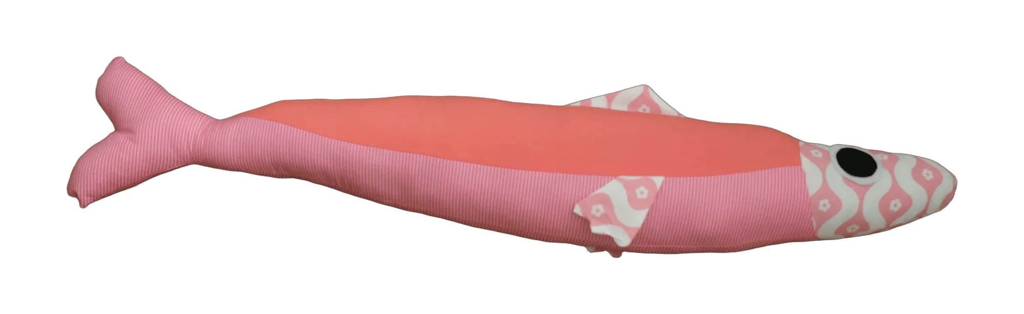 Handmade Big Sardine plush fish with a coral back, pale pink patterned belly and a pink striped tail.