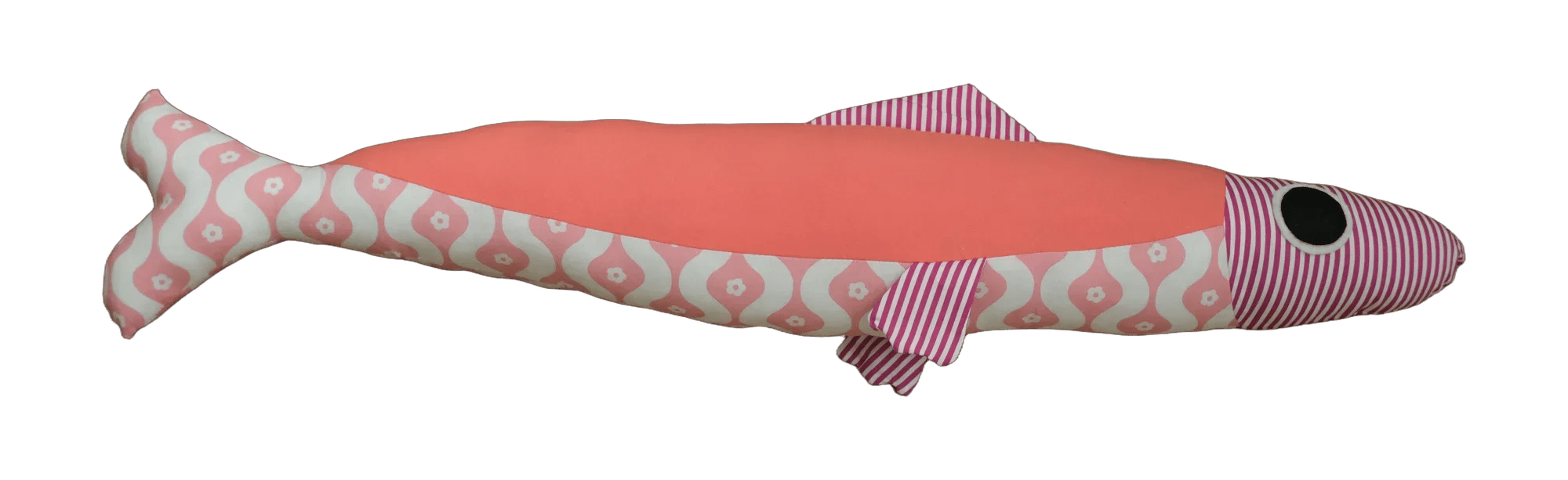 Handmade Big Sardine plush fish with a coral back, pink patterned belly and a magenta striped head and fins.