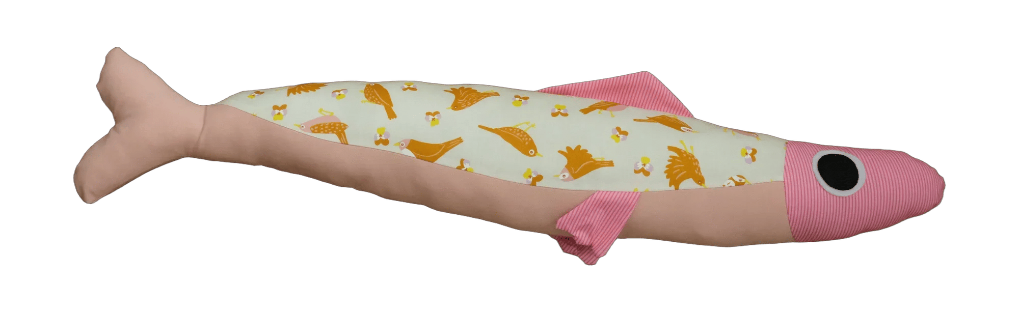 Handmade Big Sardine plush fish with a pink head and a cream body printed with small gold fish.