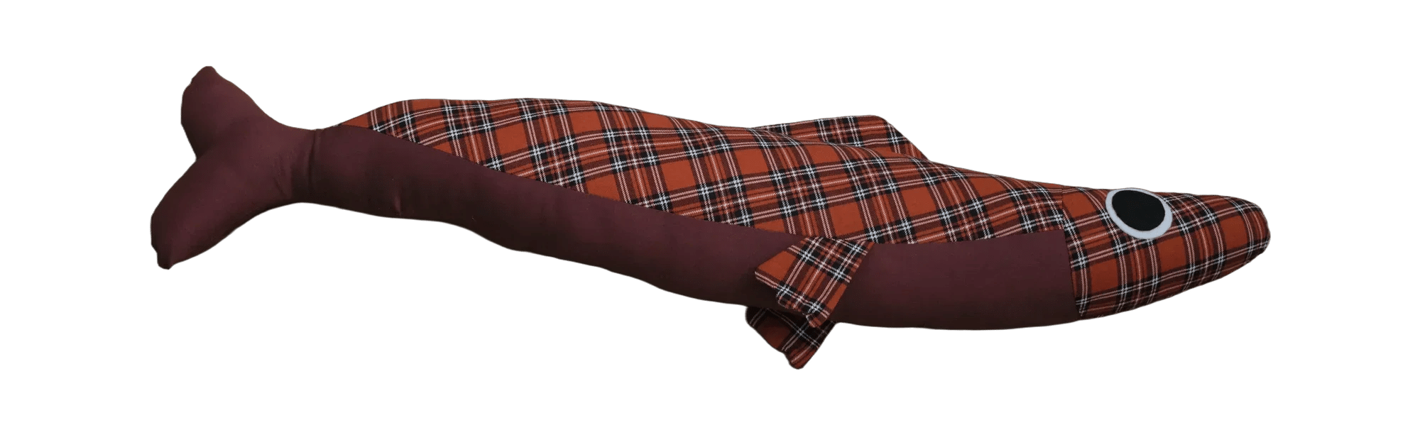 Handmade Big Sardine plush in orange plaid with burgundy panels and tail.