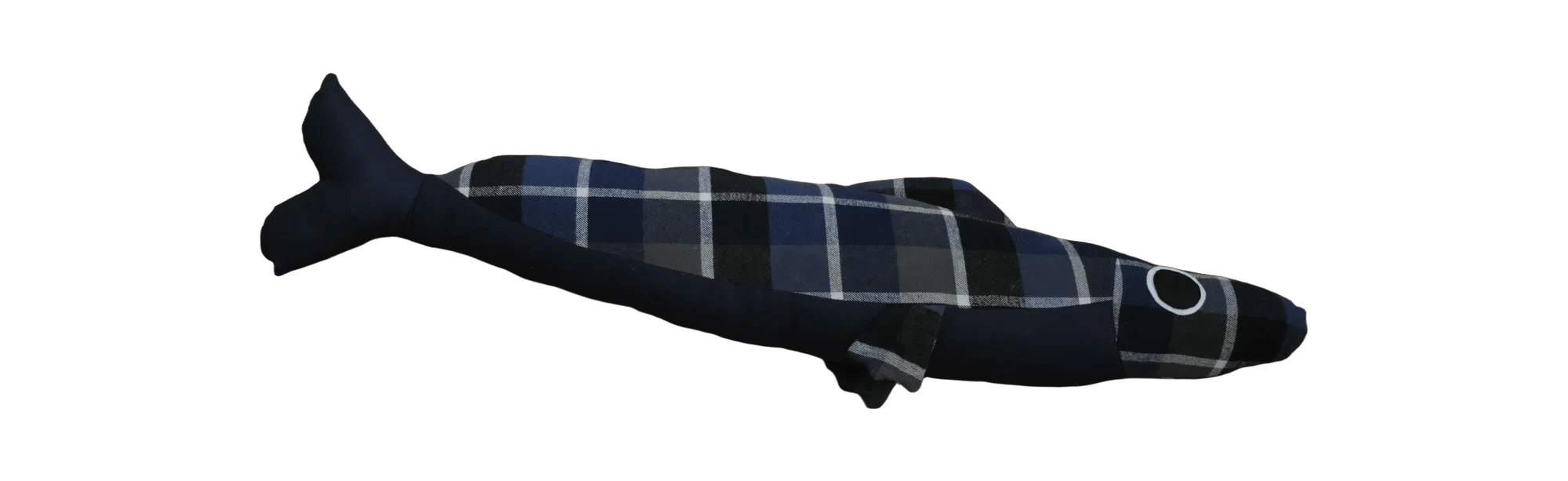Handmade Big Sardine plush in navy and grey plaid with a dark tail.